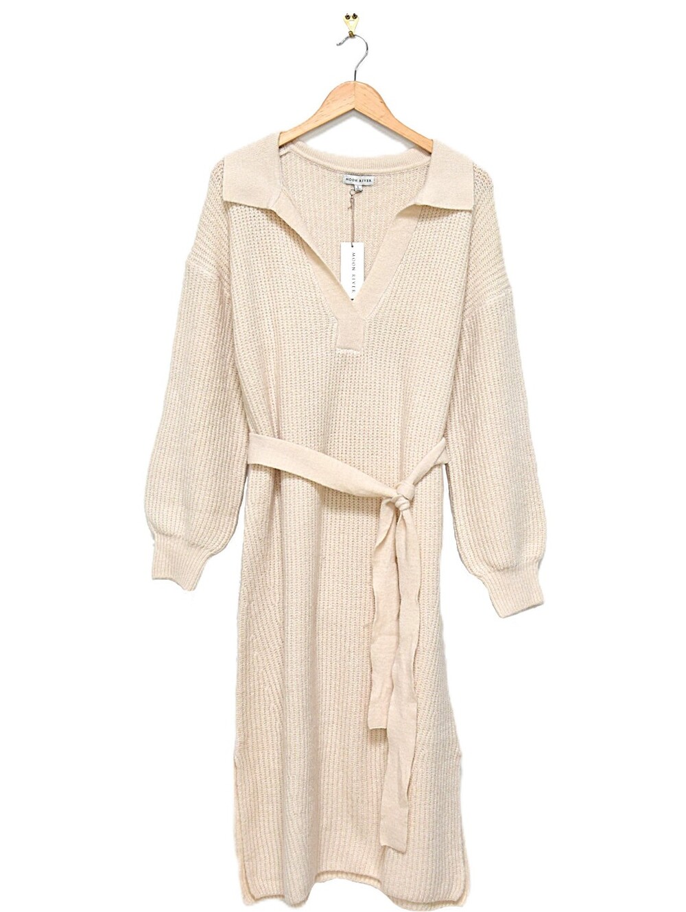 NWT Anthropologie Moon River Sweater Dress Midi V-Neck Belted Cream Size L